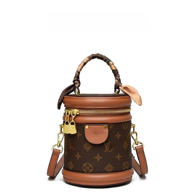 2025 Classic Printed Fashion Bucket Bag for Women Retro and Versatile Cross body Bag brown yellow