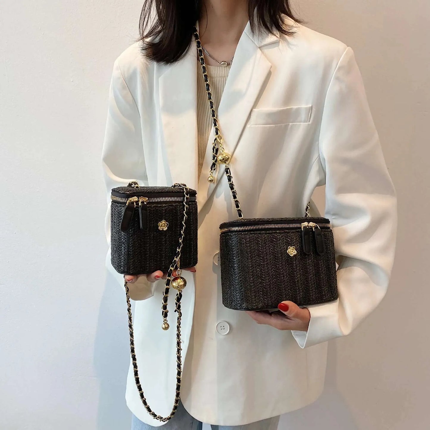 2023 Mini Straw Bucket Crossbody Bag For Women Summer Weave Women's Brand Handbags And Purses Fashion Chain Simple Shoulder Bags