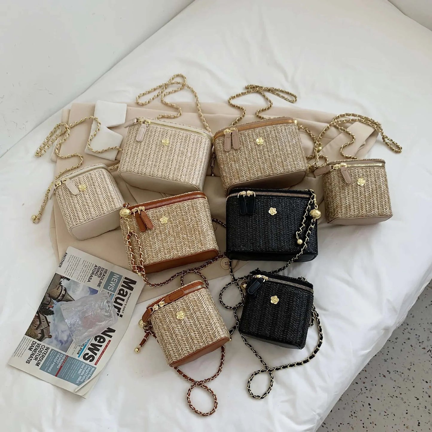 2023 Mini Straw Bucket Crossbody Bag For Women Summer Weave Women's Brand Handbags And Purses Fashion Chain Simple Shoulder Bags