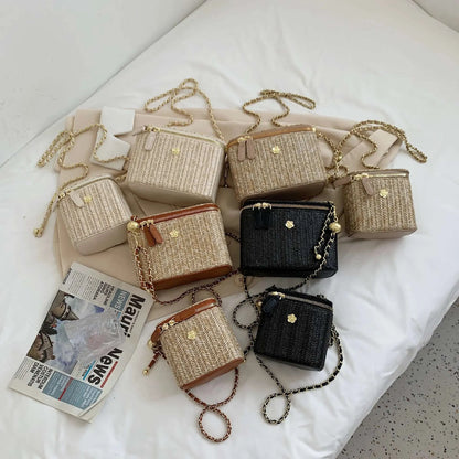 2023 Mini Straw Bucket Crossbody Bag For Women Summer Weave Women's Brand Handbags And Purses Fashion Chain Simple Shoulder Bags