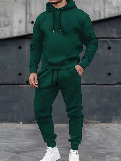 2pcs Men Hoodie Sweatshirt And Knit Pants Set, Casual Sports Outfit, Fall Clothes