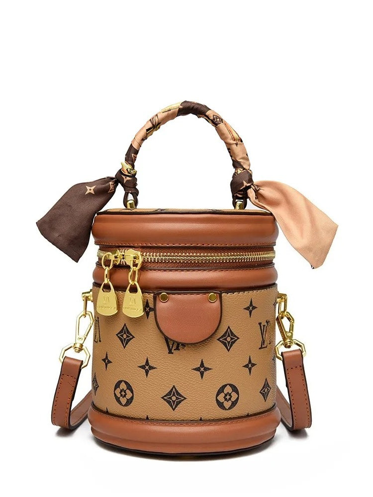 2025 Classic Printed Fashion Bucket Bag for Women Retro and Versatile Cross body Bag brown yellow