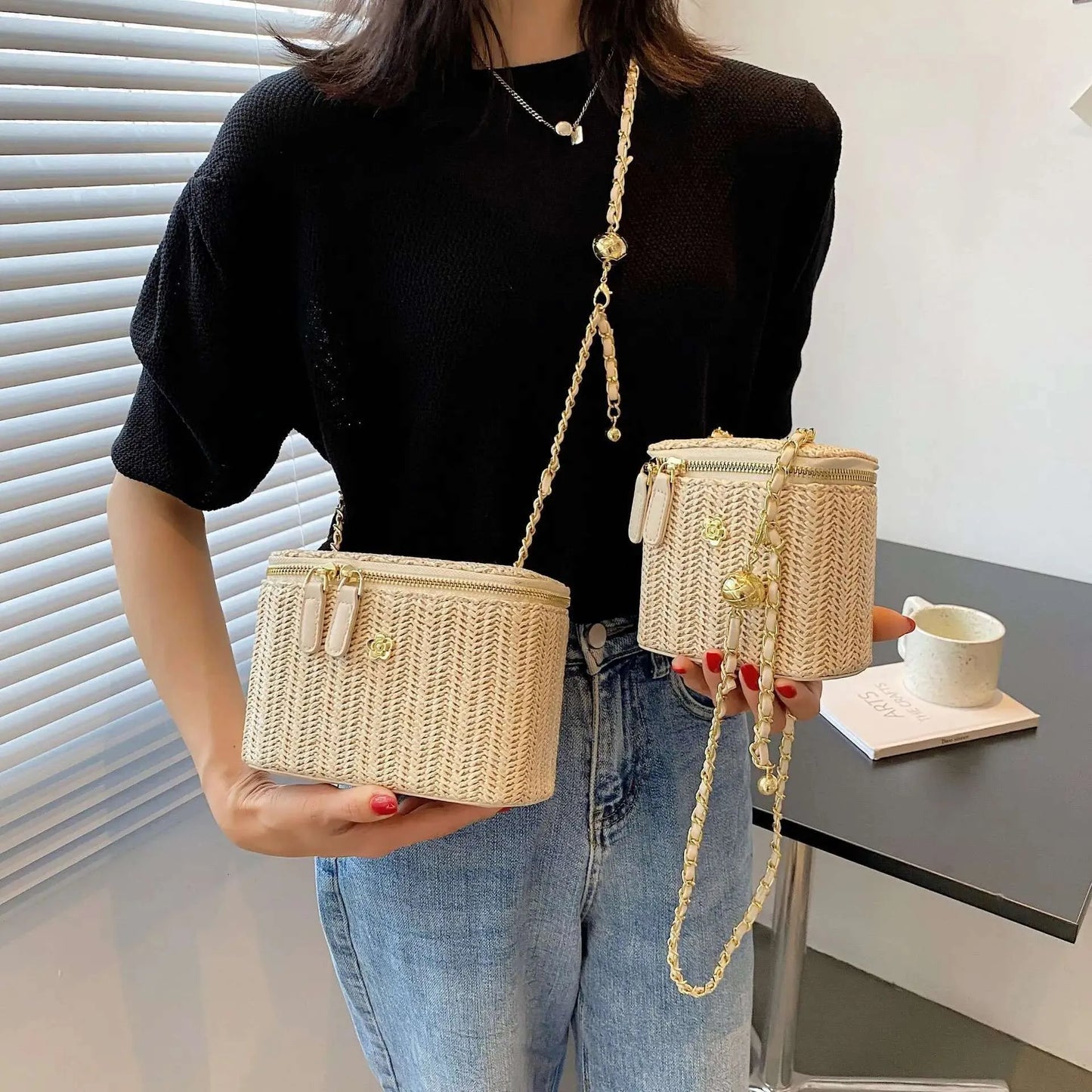 2023 Mini Straw Bucket Crossbody Bag For Women Summer Weave Women's Brand Handbags And Purses Fashion Chain Simple Shoulder Bags