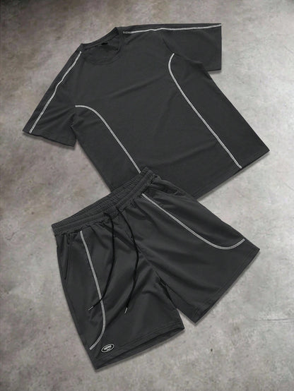 Men's Letter Print Round Neck Short Sleeve Casual T-Shirt And Drawstring Waist Shorts Set