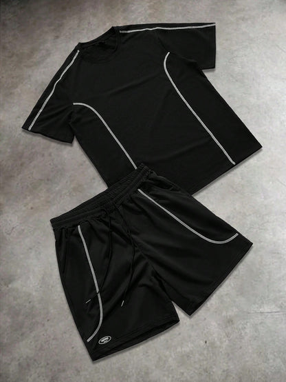 Men's Letter Print Round Neck Short Sleeve Casual T-Shirt And Drawstring Waist Shorts Set