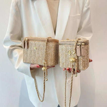 2023 Mini Straw Bucket Crossbody Bag For Women Summer Weave Women's Brand Handbags And Purses Fashion Chain Simple Shoulder Bags